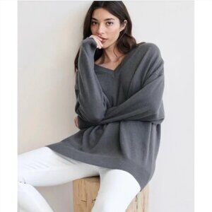 Jenni Kayne Womens Charlie Cashmere V-Neck Knit Sweater L Oversized Gray Cozy